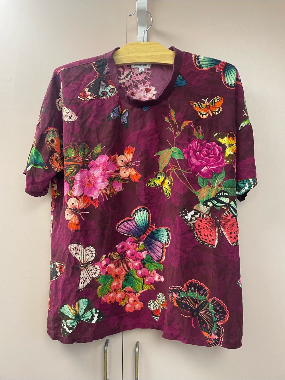 Johnny Was 100% Silk Butterfly Floral Print Blouse Top Purple Size S